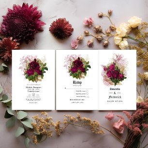 Blush Burgundy Gold Shabby Floral Wedding QR Code Einladung