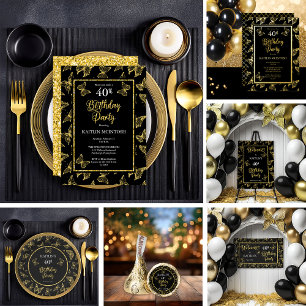 Elegantes Black Gold Butterflies 40. Geburtstag Pa Banner