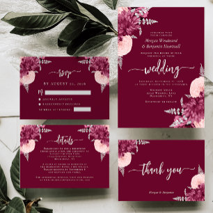 Burgundy Blush Silver Bloral Script Hochzeit Dankeskarte