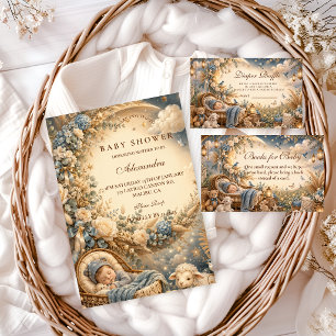 Invitation Élégante Baby Shower Bleue Bohème
