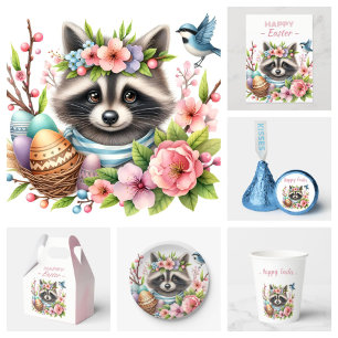 Ballotins Aquarelle Raccoon Oeufs de Pâques et fleurs -
