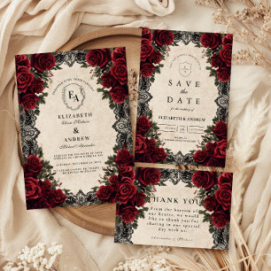 Dunkle Romantik Rote Rose Gothic Elegante Hochzeit Dankeskarte