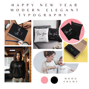 Happy New Year Modern Minimalistisch Monogram Blac Geschenkpapier