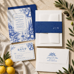 Blaue italienische Küsten-Toile-Hochzeitsfeier Einladung
