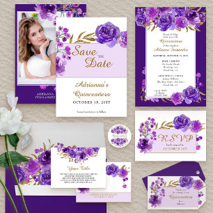 Save The Date Rose pourpre et feuille d'or Quinceanera Photo