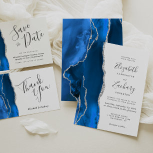 Invitation Mariage Moderne Royal Bleu Agate Argent