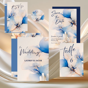 Moderne blaue florale Hochzeitsmenükarte Menükarte