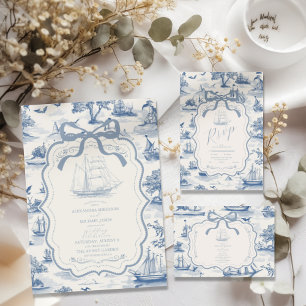 Toile Chic Nautical Bow Wedding All In One Einladung