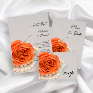 Orangefarbene Rose und weiße Perlen Hochzeitskarte RSVP Karte