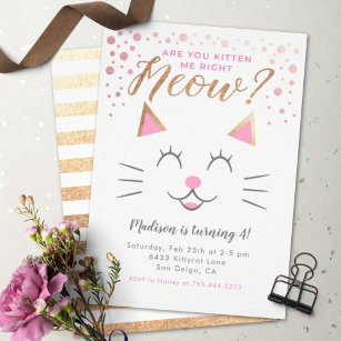 Invitation Kitty Chat rose or fête d'anniversaire