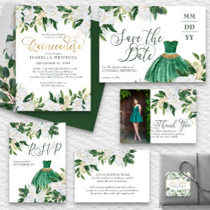 Emerald Greenery White Peony Quinceanera Princess RSVP Karte