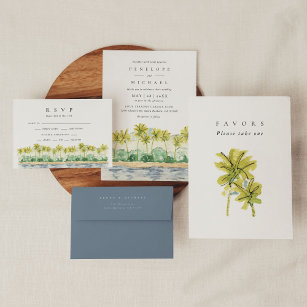 Invitation Plage Palm Trees Tropical Watercolor Mariage