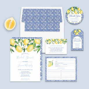 Tuscany Lemons Antikes Muster Blaues Brautparty Einladung