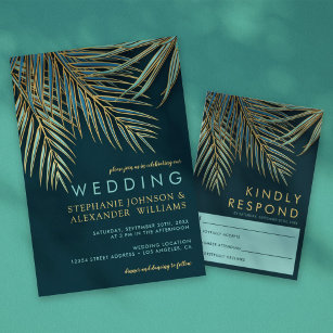 Invitation Palm Gold Turquoise Plage tropicale Mariage