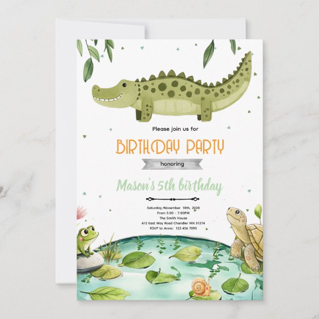 Swamp reptiles birthday party invitation (Devant)