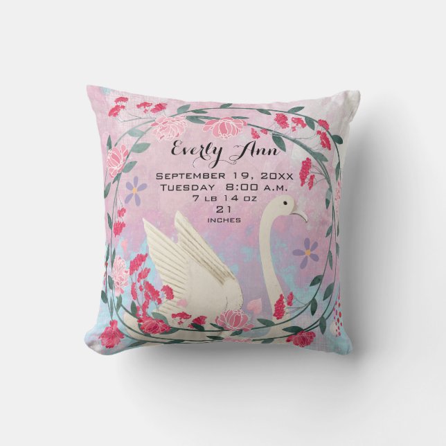 Swan Baby Girl Kinderzimmer Baby Statats oder Gebu Kissen (Vorderseite)