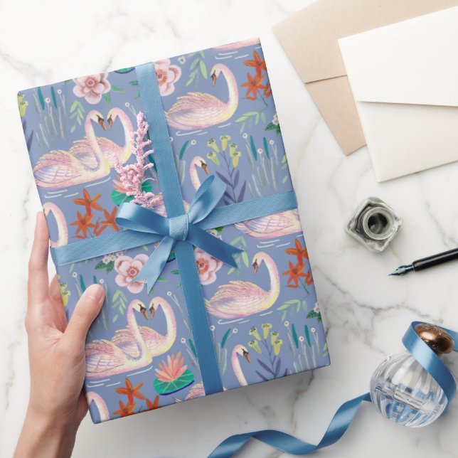 Swan Birds Floral Botanical Blue Pattern Geschenkpapier (Schenken)