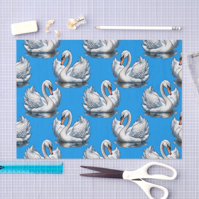 Swan Birds Pattern Design On Blue  Seidenpapier (Handwerk)