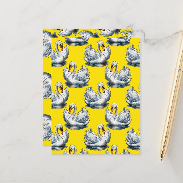 Swan Birds Pattern Design On Yellow  Postkarte (Vorderseite/Rückseite Beispiel)