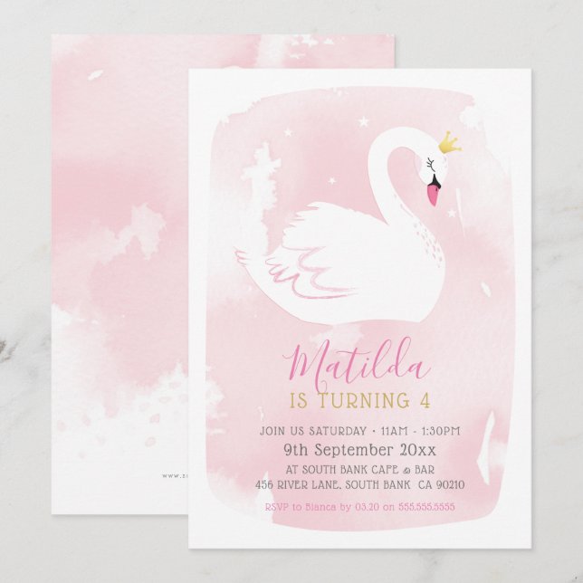 SWAN BIRTHDAY PARTEI hübsches, elegantes Gold in h Einladung (Vorne/Hinten)