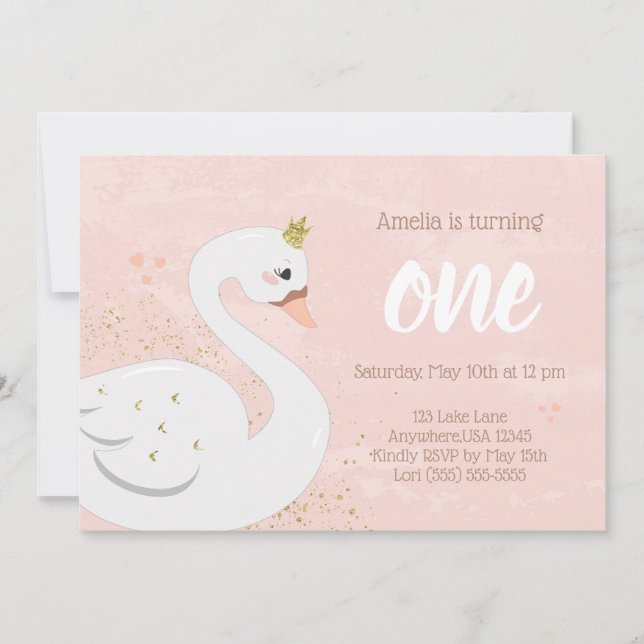 Swan Birthday Party Einladung | Rosa und Gold (Vorderseite)