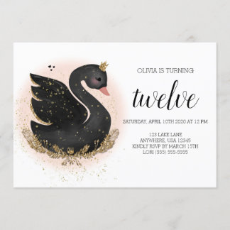 Swan Birthday Party Einladung | Schwarz und Gold