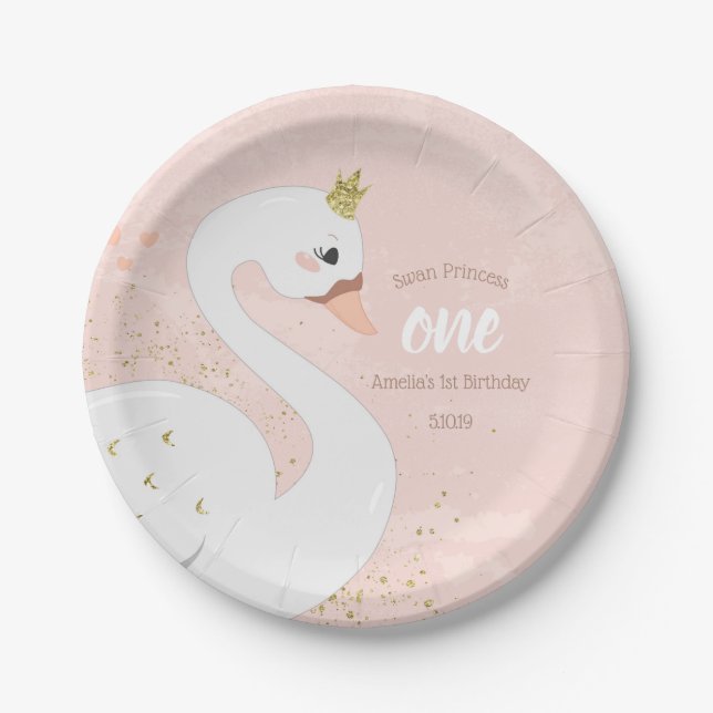 Swan Birthday Party Paper Plate | Rosa und Gold Pappteller (Vorderseite)