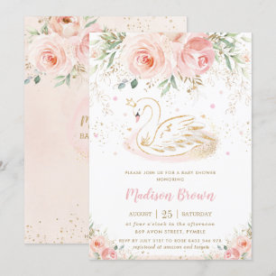 Swan Blush Pink Floral Gold Girl Baby Dusche Einladung