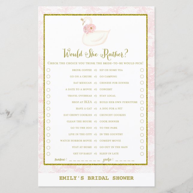 Swan Brautparty Game PRINED (Vorderseite)