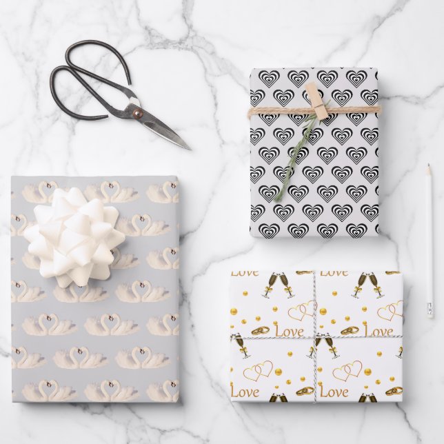 Swan Couple and Hearts on Silver & White Wedding Geschenkpapier Set (Vorderseite)