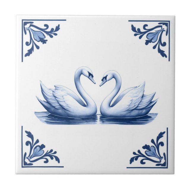 Swan Couple Delft Blue und White Floral Corners Fliese (Vorderseite)