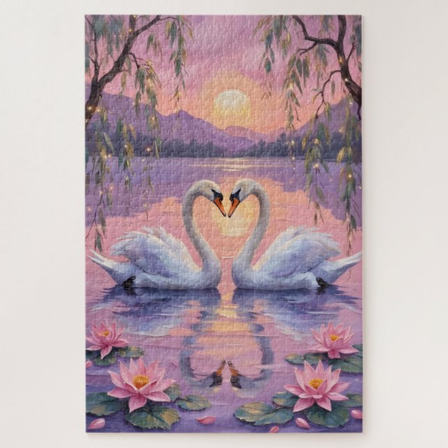 Swan Couple Heart on Pink Sunset Lake (Vertikal)