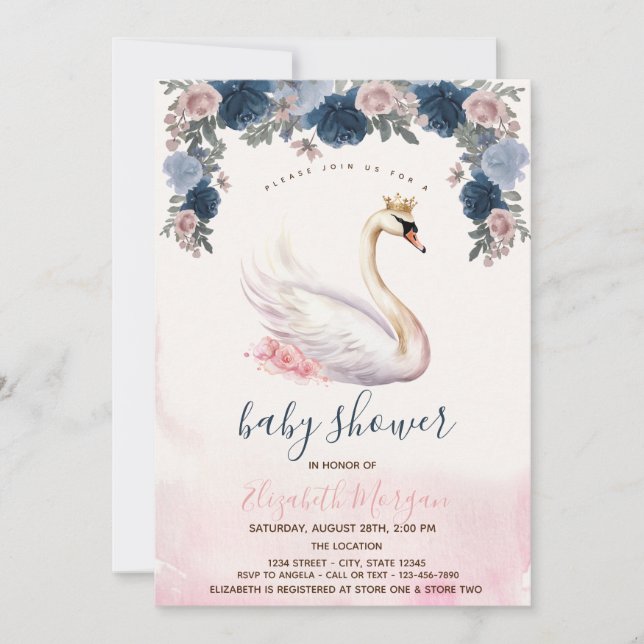 Swan Crown Blume Rosa Streifen Babydusche Einladung (Vorderseite)