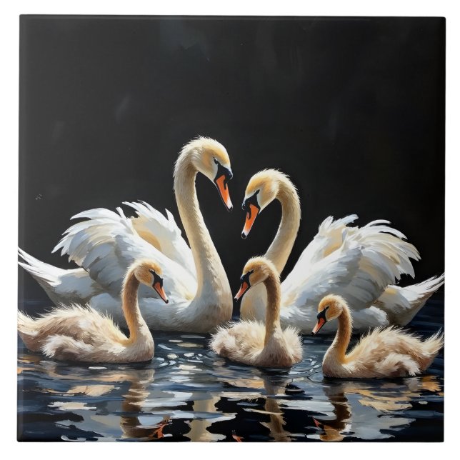 Swan Family on Black Lake Artwork Fliese (Vorderseite)