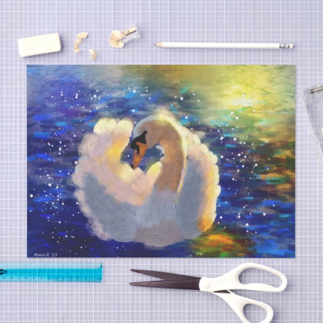 Swan Floating on Sunlit Water Blue White Decoupage Seidenpapier (Handwerk)