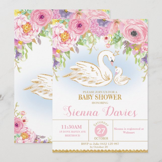 Swan Floral Baby Dusche Einladung Mädchen (Vorne/Hinten)