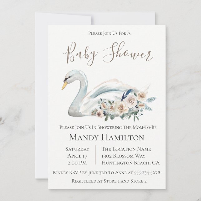 Swan Floral Neutral Baby Shower Einladung (Vorderseite)