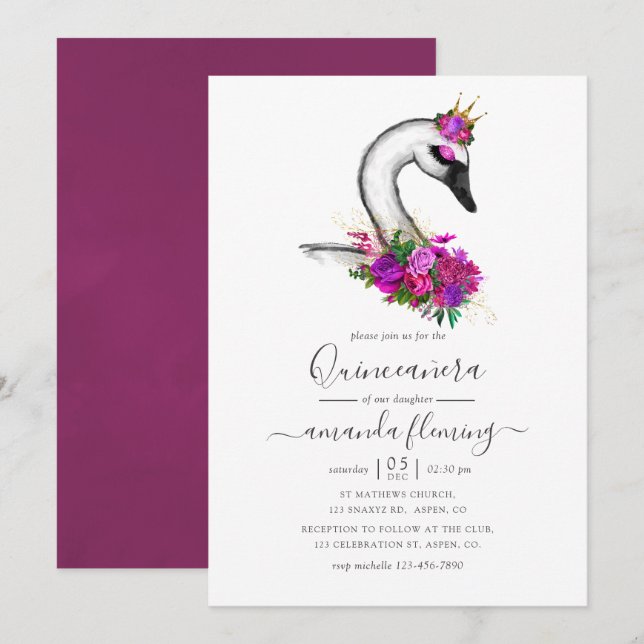Swan Floral Quinceanera Einladung (Vorne/Hinten)