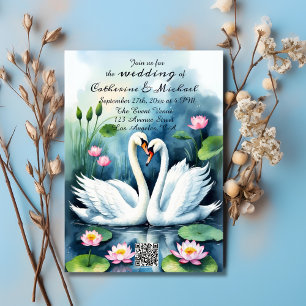 Swan in Liebe Watercolor Lotus Pond QR Code Hochze Einladung