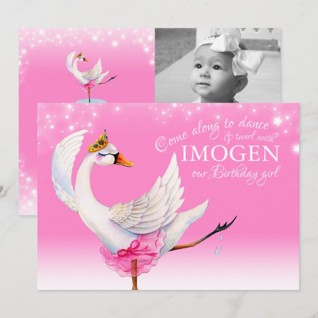 Swan Lake Ballett ersten Geburtstag rosa Einladung (Vorne/Hinten)