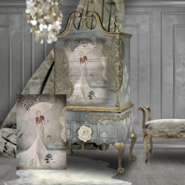 Swan Lake Blue Floral Seidenpapier (Swan Lake Portrait of a bride standing with a parasol Art for furniture Decoupage)