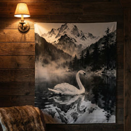 Swan Lake Mountain | Black and White Ink art Wandteppich