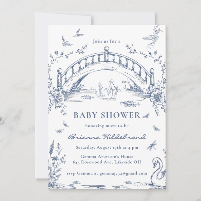 Swan Lake Toile Chinoiserie Baby Shower Invitation (Devant)