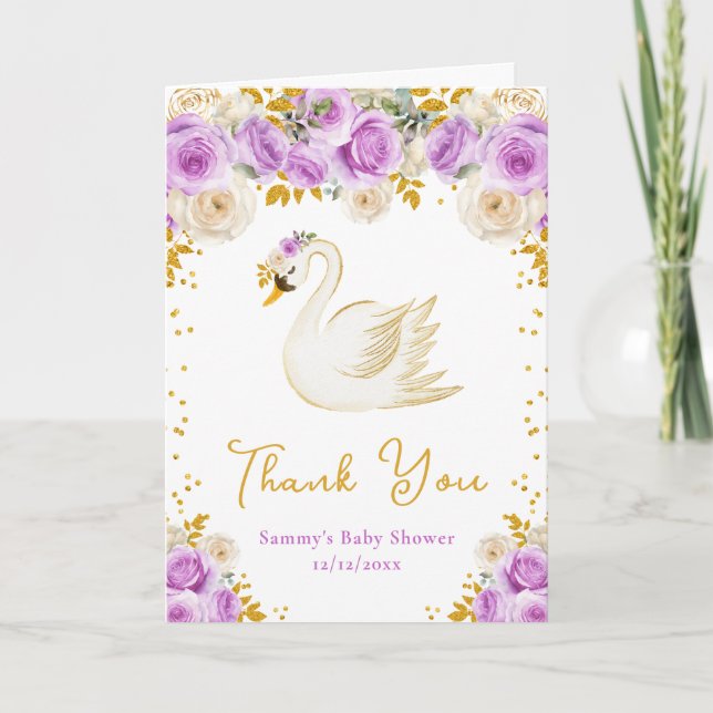 Swan Lila and Gold Rose Kinderdusche Vielen Dank Dankeskarte (Vorderseite)