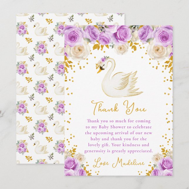 Swan Lila und Gold Rose Kinderdusche Dankeskarte (Vorne/Hinten)