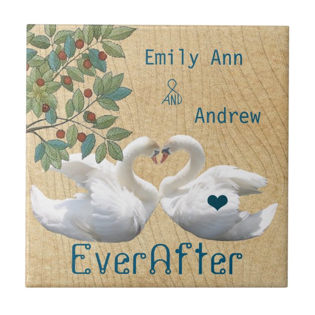 Swan Love Birds Wood Grain Ever After Anniversary Fliese (Vorderseite)