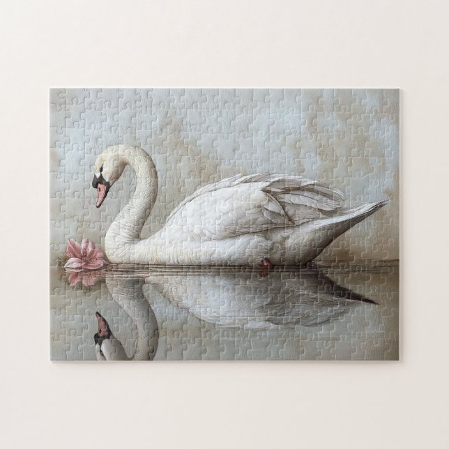 Swan mit einem Blume-Gemälde in Rosa (Horizontal)