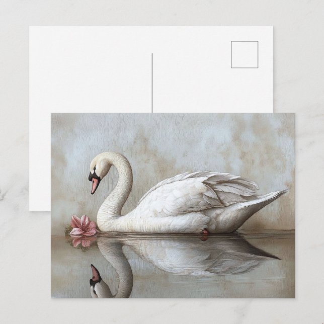 Swan mit einem Blume-Gemälde in Rosa Postkarte (Vorne/Hinten)