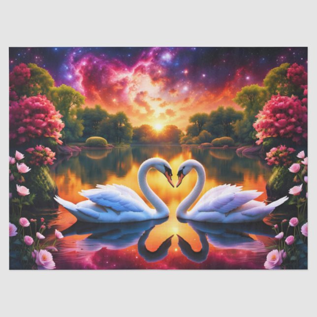 Swan Paar Valentinherz unter einem Sternnebel Seidenpapier (Vorderseite)