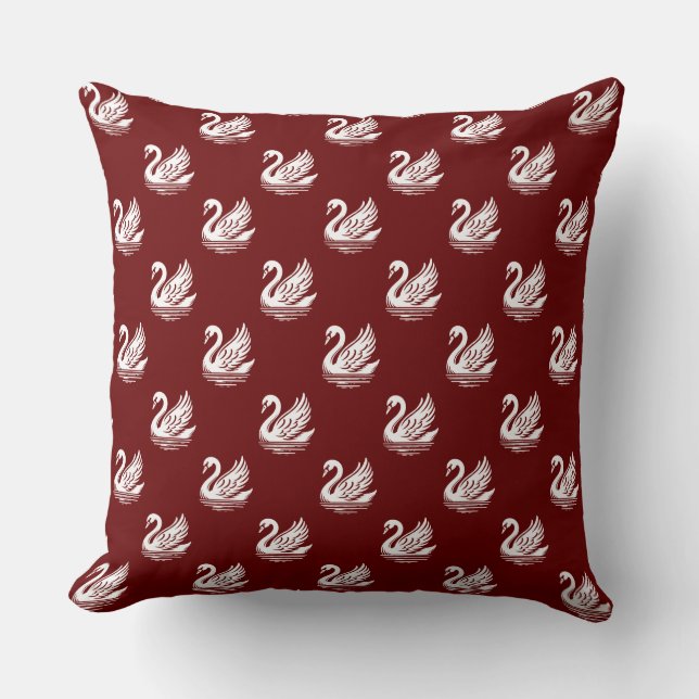 Swan Pattern - Weiß auf Dunkelrot Kissen (Vorderseite)